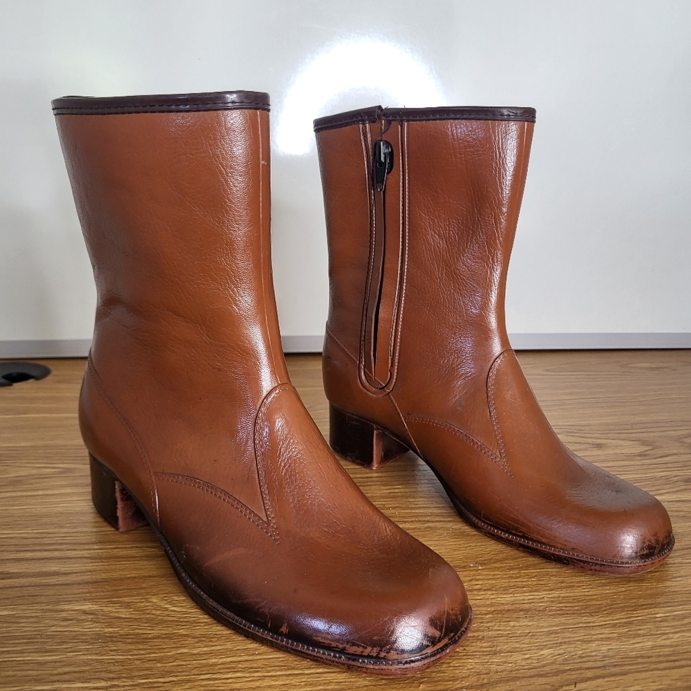 1970s VINTAGE Faux Leather Rubber Fur Lined Snow/Rain Boots Sears Roebuck 6 Wide